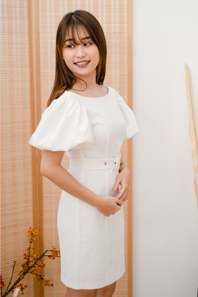 Hannah Puffy Sleeve Dress (White)